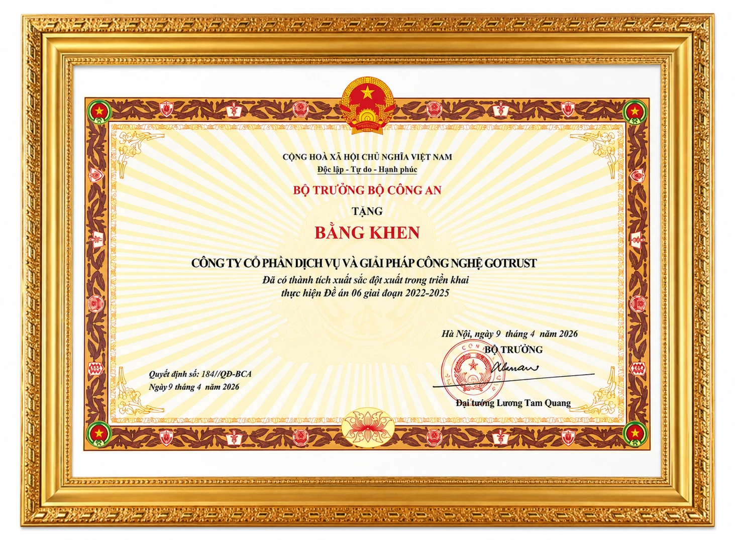 Bằng khen Bộ Công an trao tặng GoTrust